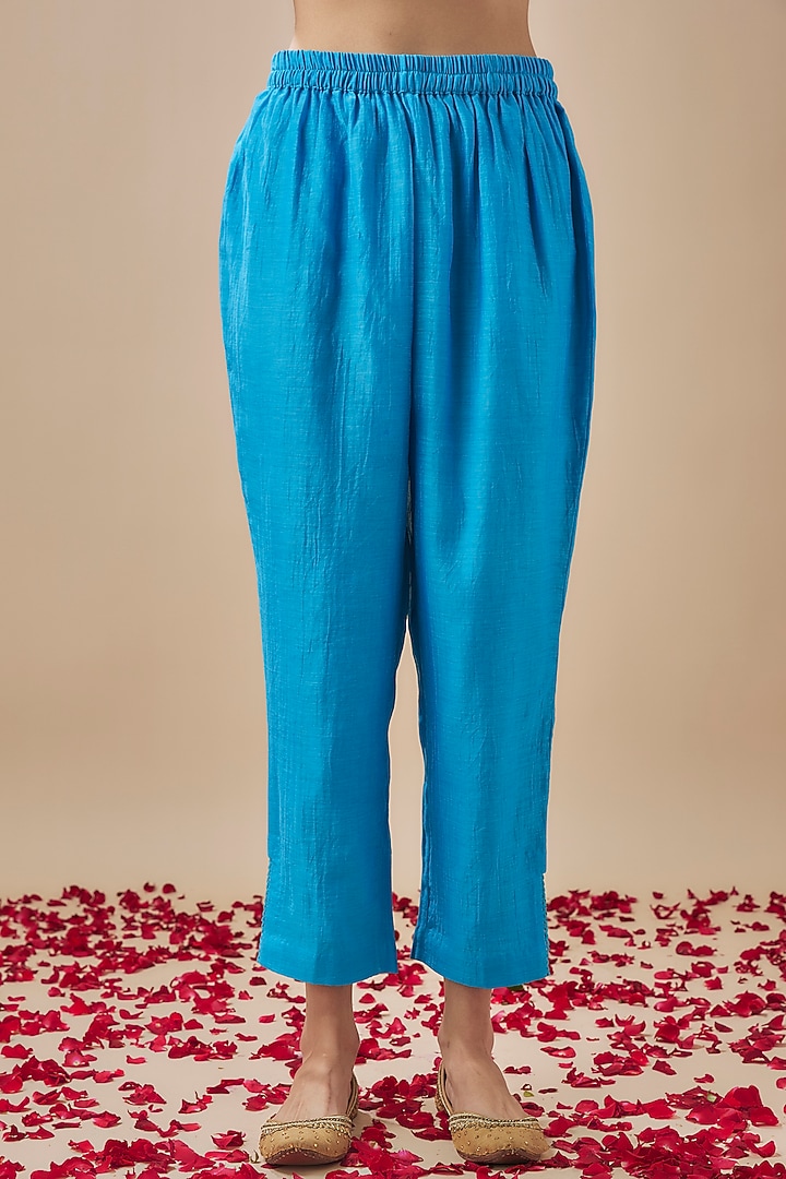 Cyan Blue Chanderi Silk Bead Work Asymmetric Kurta Set by Cupid Cotton at Pernia's Pop Up Shop