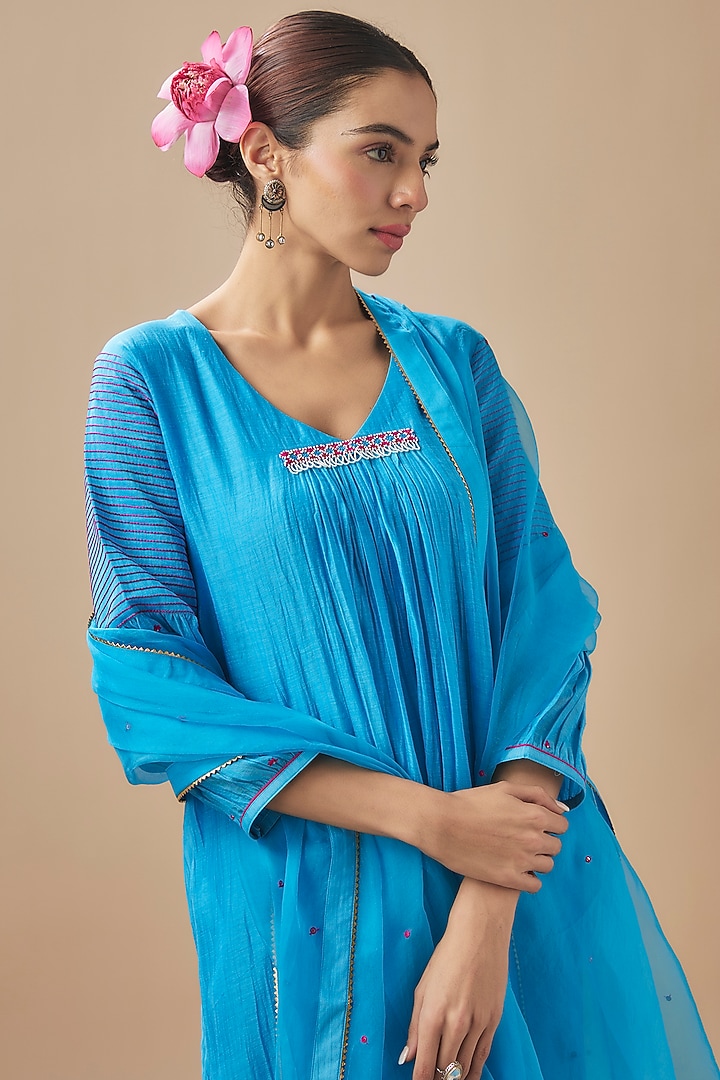 Cyan Blue Chanderi Silk Bead Work Asymmetric Kurta Set by Cupid Cotton at Pernia's Pop Up Shop