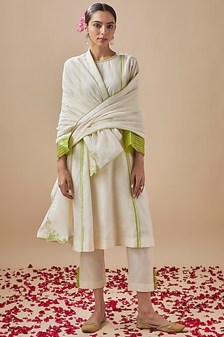 Ivory Chanderi Silk Resham Embroidered Dupatta by Cupid Cotton