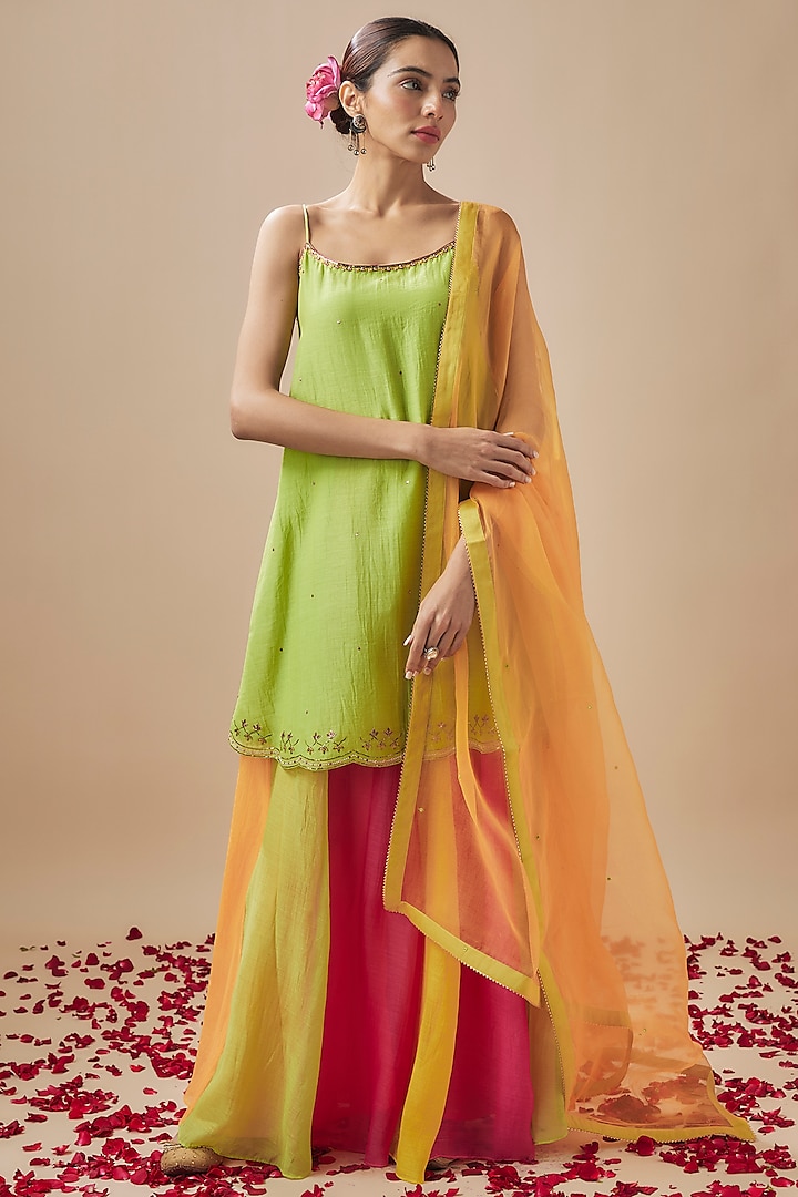 Multi-Colored Chanderi Silk & Organza Sharara Set by Cupid Cotton