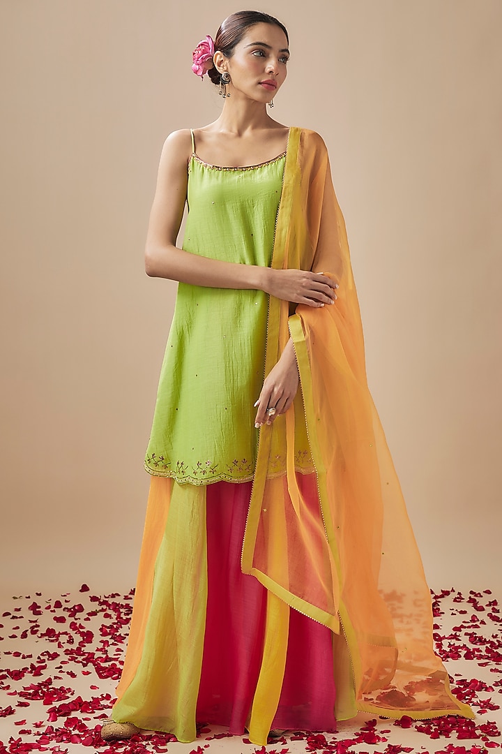 Multi-Colored Chanderi Silk & Organza Sharara Set by Cupid Cotton at Pernia's Pop Up Shop