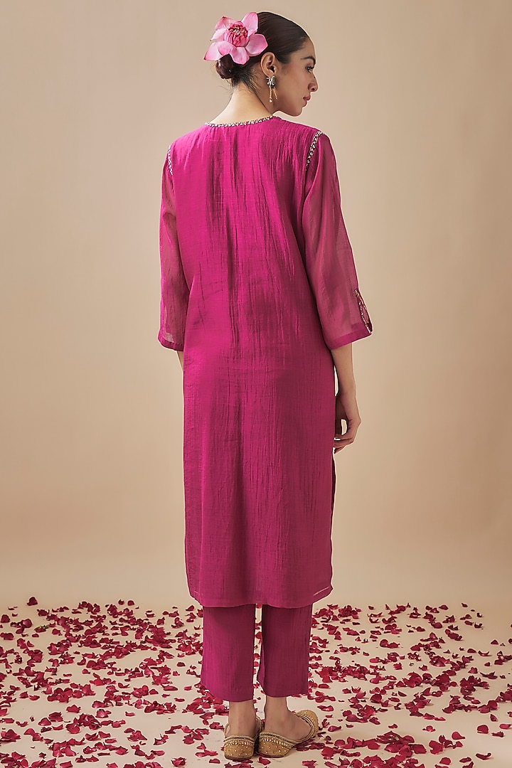 Magenta Chanderi Silk Pitta & Resham Embroidered A-Line Kurta Set by Cupid Cotton at Pernia's Pop Up Shop
