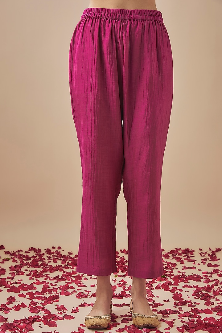 Magenta Chanderi Silk Pitta & Resham Embroidered A-Line Kurta Set by Cupid Cotton at Pernia's Pop Up Shop