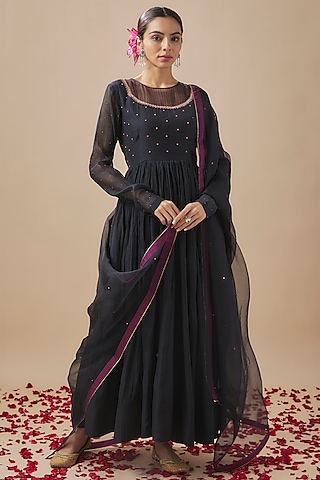 Midnight Black Chanderi Silk & Organza Resham Handwork Anarkali Set by Cupid Cotton