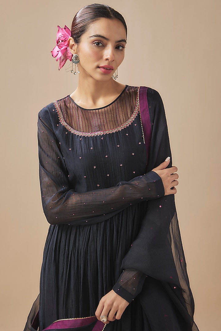 Midnight Black Chanderi Silk & Organza Resham Handwork Party Wear Anarkali Set by Cupid Cotton at Pernia's Pop Up Shop
