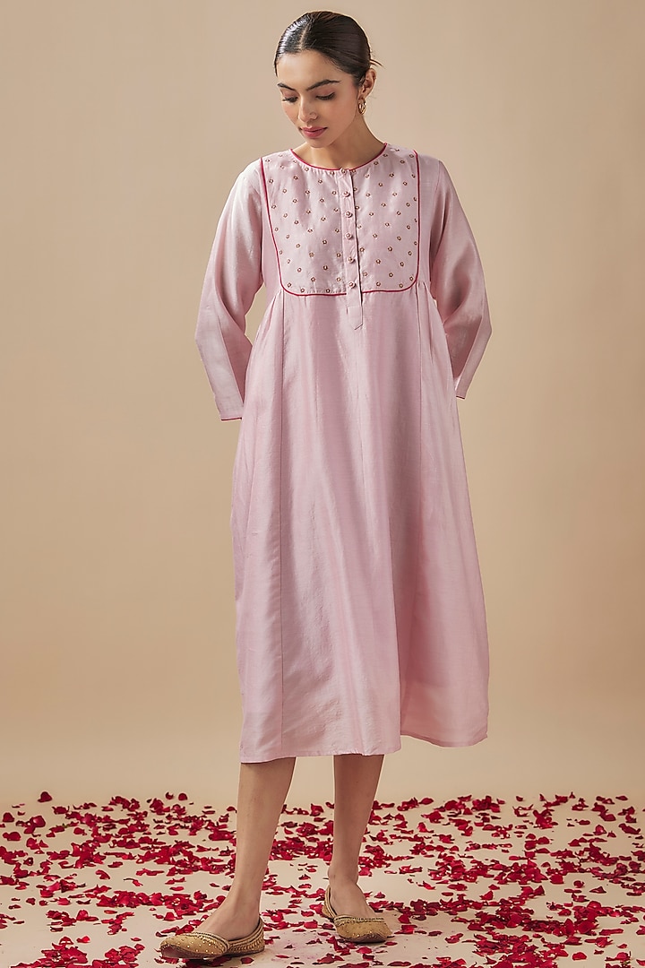 Baby Pink Chanderi Silk Resham & Aari Hand Embroidered Dress by Cupid Cotton