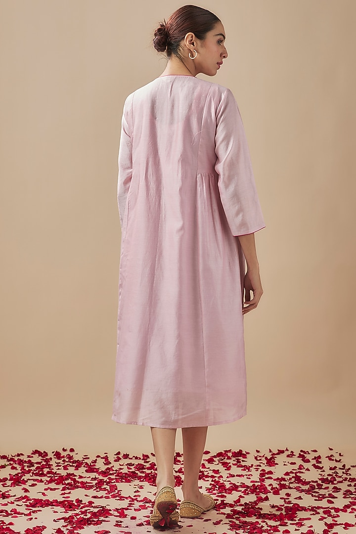 Baby Pink Chanderi Silk Resham & Aari Hand Embroidered Summer Dress by Cupid Cotton at Pernia's Pop Up Shop