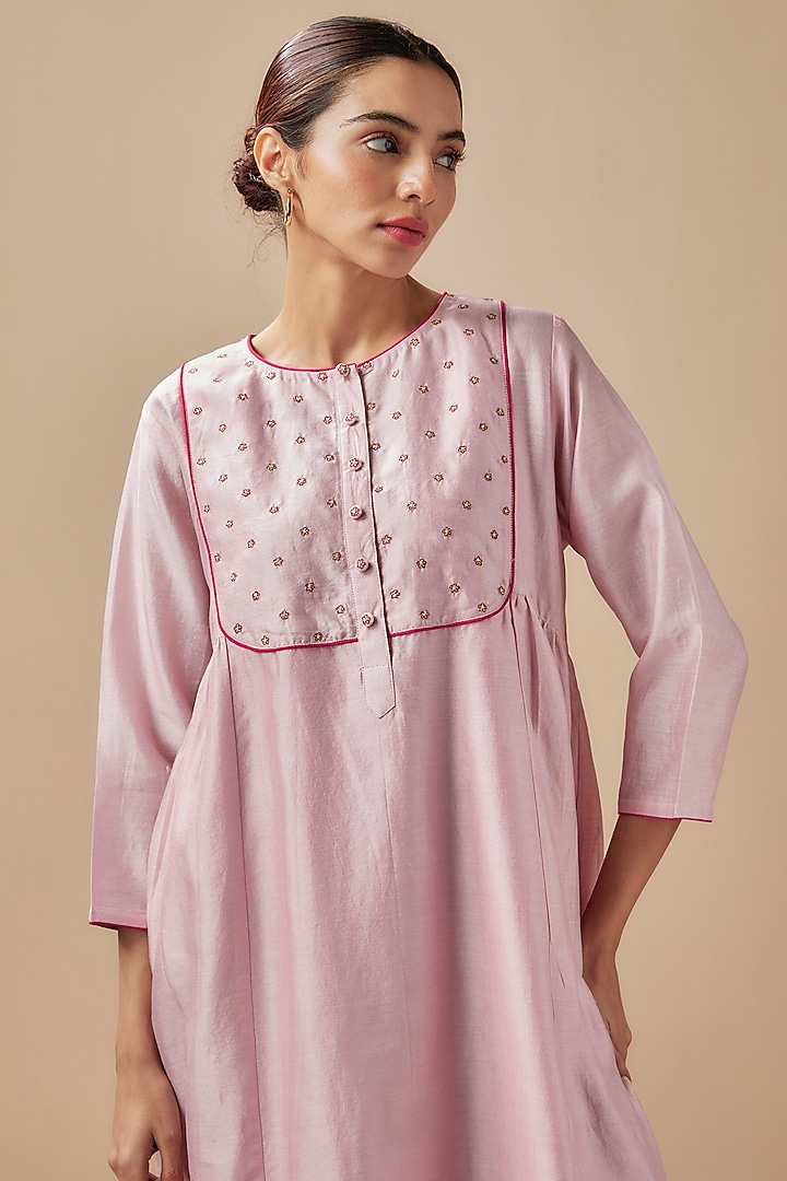 Baby Pink Chanderi Silk Resham & Aari Hand Embroidered Summer Dress by Cupid Cotton at Pernia's Pop Up Shop