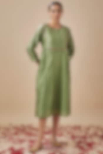Sage Green Chanderi Silk Resham & Aari Hand Embroidered Dress by Cupid Cotton