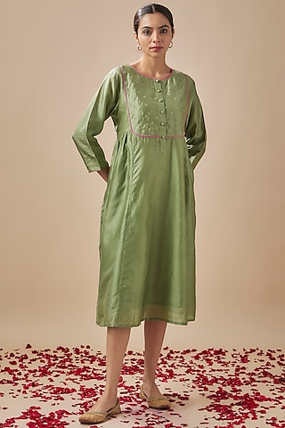 Sage Green Chanderi Silk Resham & Aari Hand Embroidered Dress by Cupid Cotton