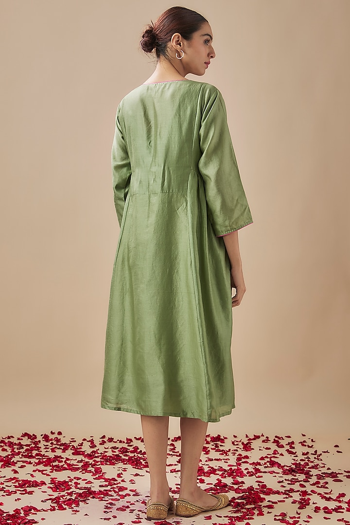 Sage Green Chanderi Silk Resham & Aari Hand Embroidered Summer Dress by Cupid Cotton at Pernia's Pop Up Shop