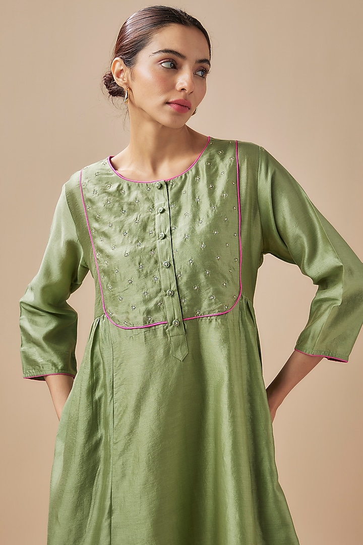 Sage Green Chanderi Silk Resham & Aari Hand Embroidered Summer Dress by Cupid Cotton at Pernia's Pop Up Shop