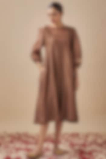 Brown Chanderi Silk Sequins Work Pintuck Dress by Cupid Cotton