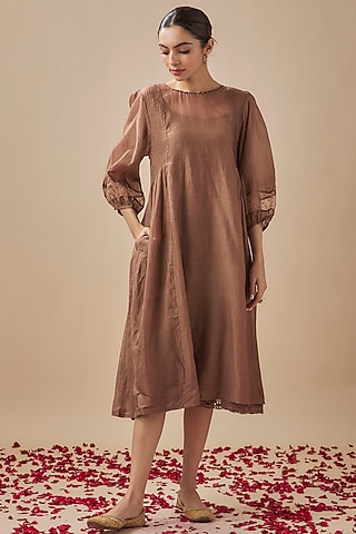 Brown Chanderi Silk Sequins Work Pintuck Dress by Cupid Cotton