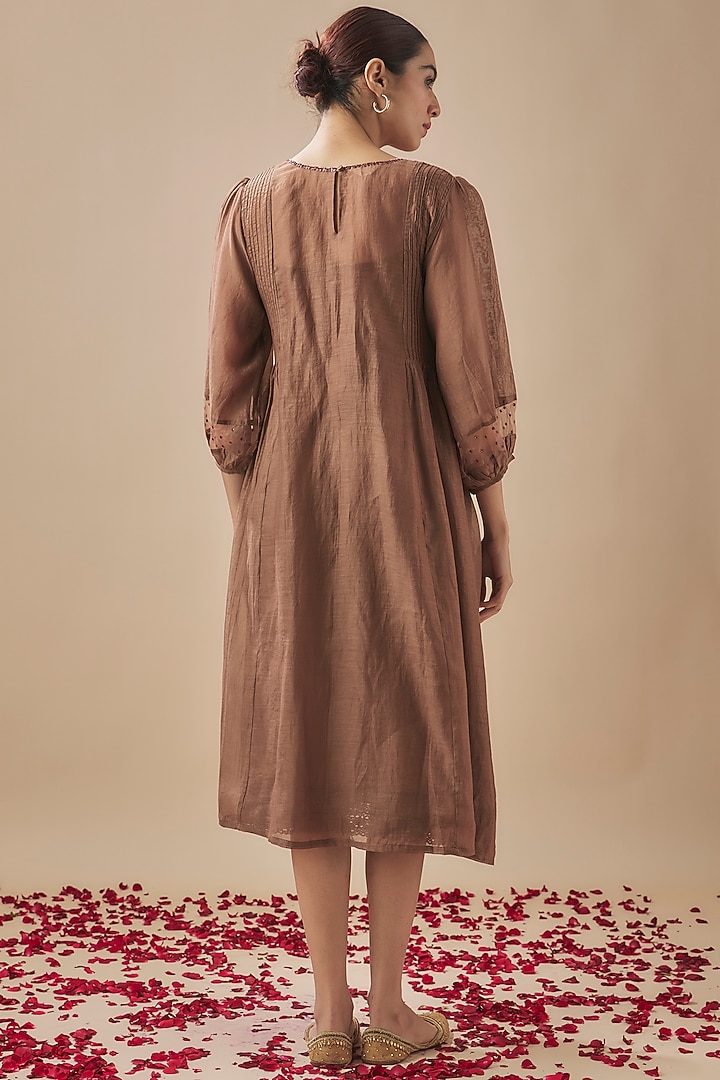 Brown Chanderi Silk Sequins Work Pintuck Summer Dress by Cupid Cotton at Pernia's Pop Up Shop