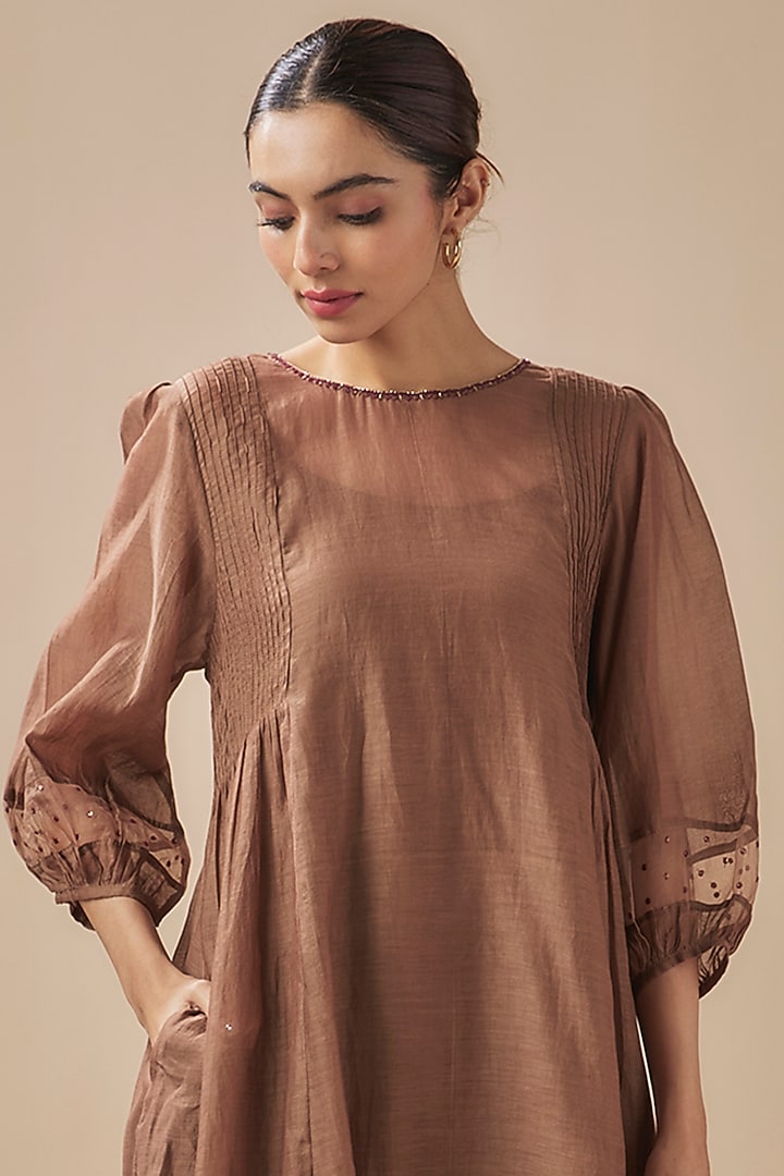 Brown Chanderi Silk Sequins Work Pintuck Summer Dress by Cupid Cotton at Pernia's Pop Up Shop