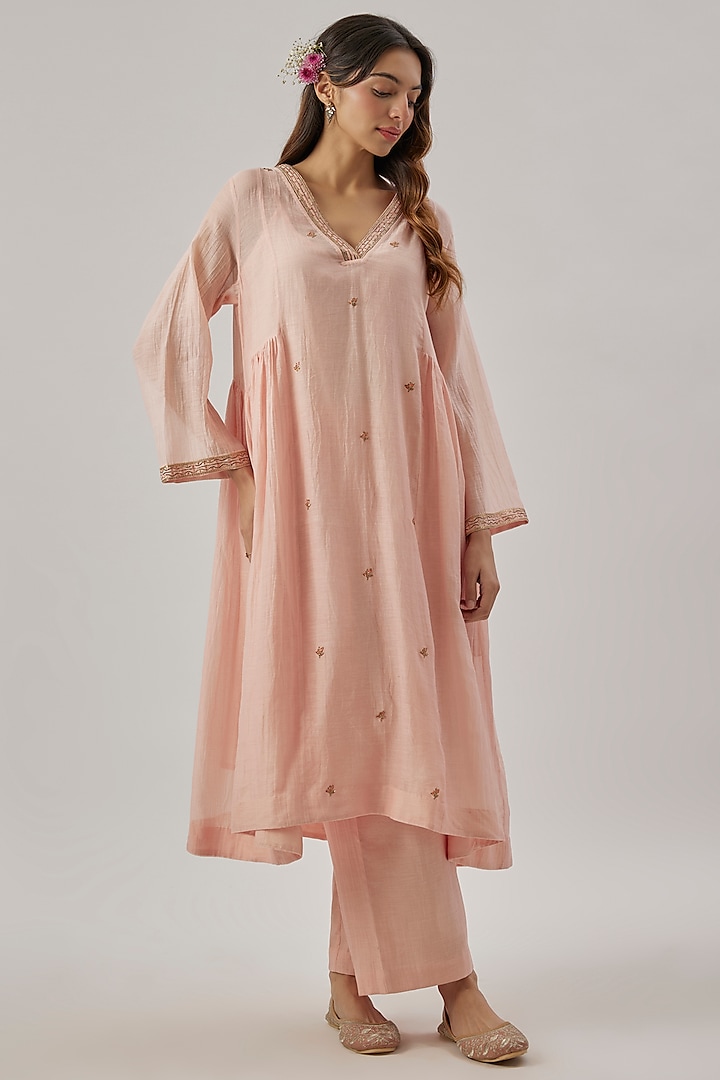 Pink Chanderi Silk Resham Embroidered Kurta Set by Cupid Cotton at Pernia's Pop Up Shop