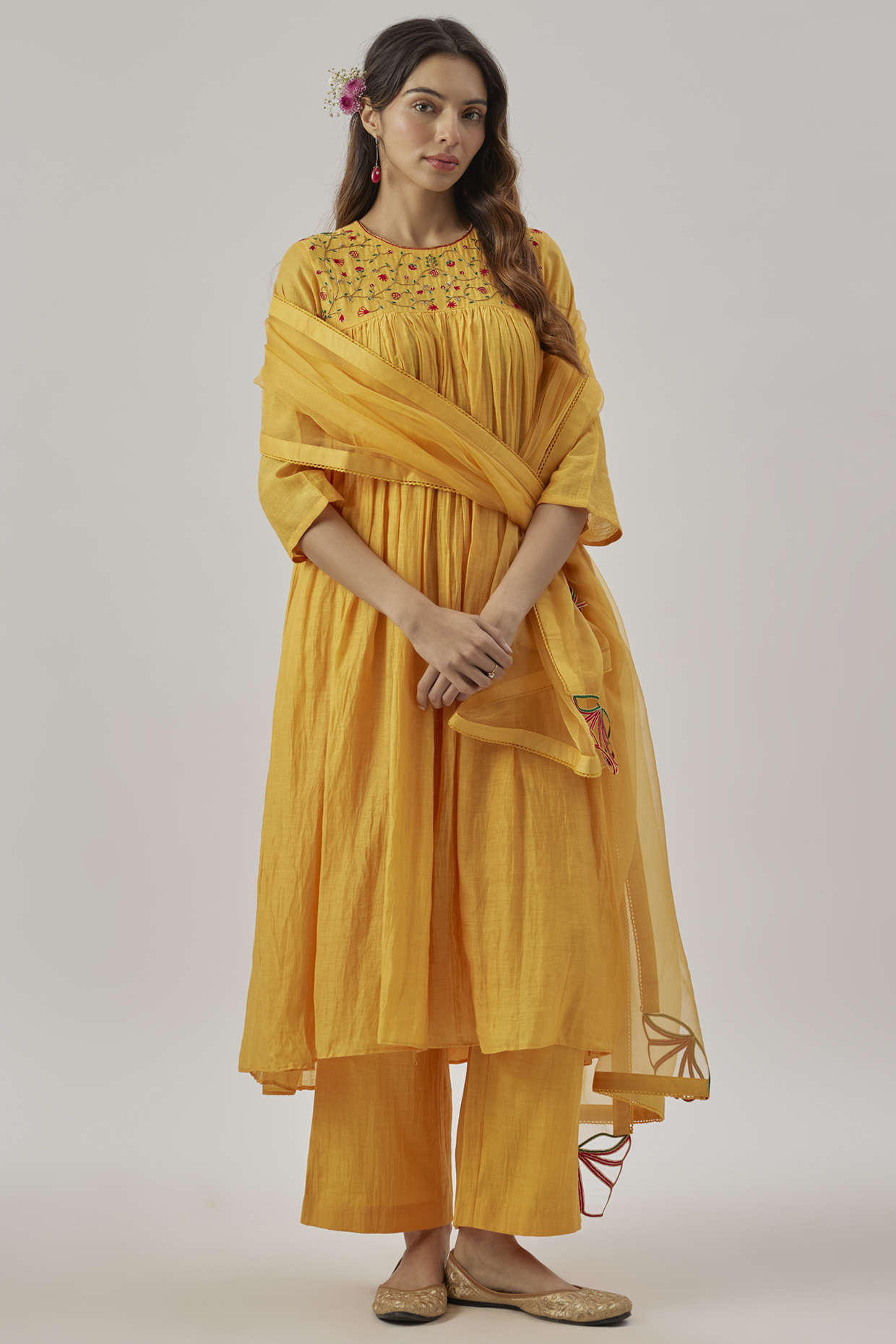 Yellow Chanderi Silk Floral Resham Embroidered Kurta Set by Cupid Cotton at Pernia's Pop Up Shop