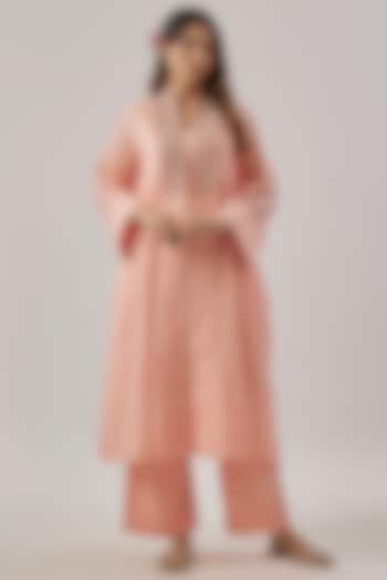 Pink Chanderi Silk Aari Embroidered Jacket Kurta Set by Cupid Cotton at Pernia's Pop Up Shop