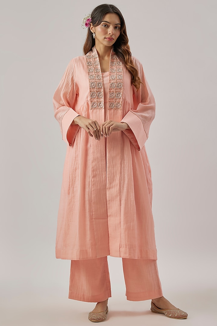 Pink Chanderi Silk Aari Embroidered Jacket Kurta Set by Cupid Cotton at Pernia's Pop Up Shop