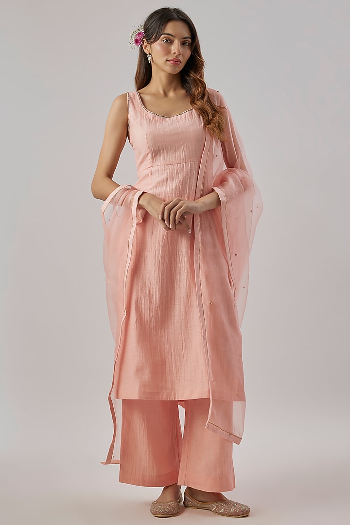 Pink Chanderi Silk Aari Embroidered Jacket Kurta Set by Cupid Cotton at Pernia's Pop Up Shop