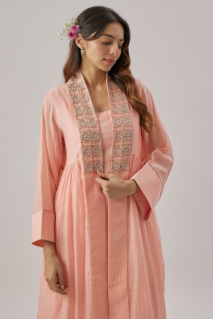Pink Chanderi Silk Aari Embroidered Jacket Kurta Set by Cupid Cotton at Pernia's Pop Up Shop