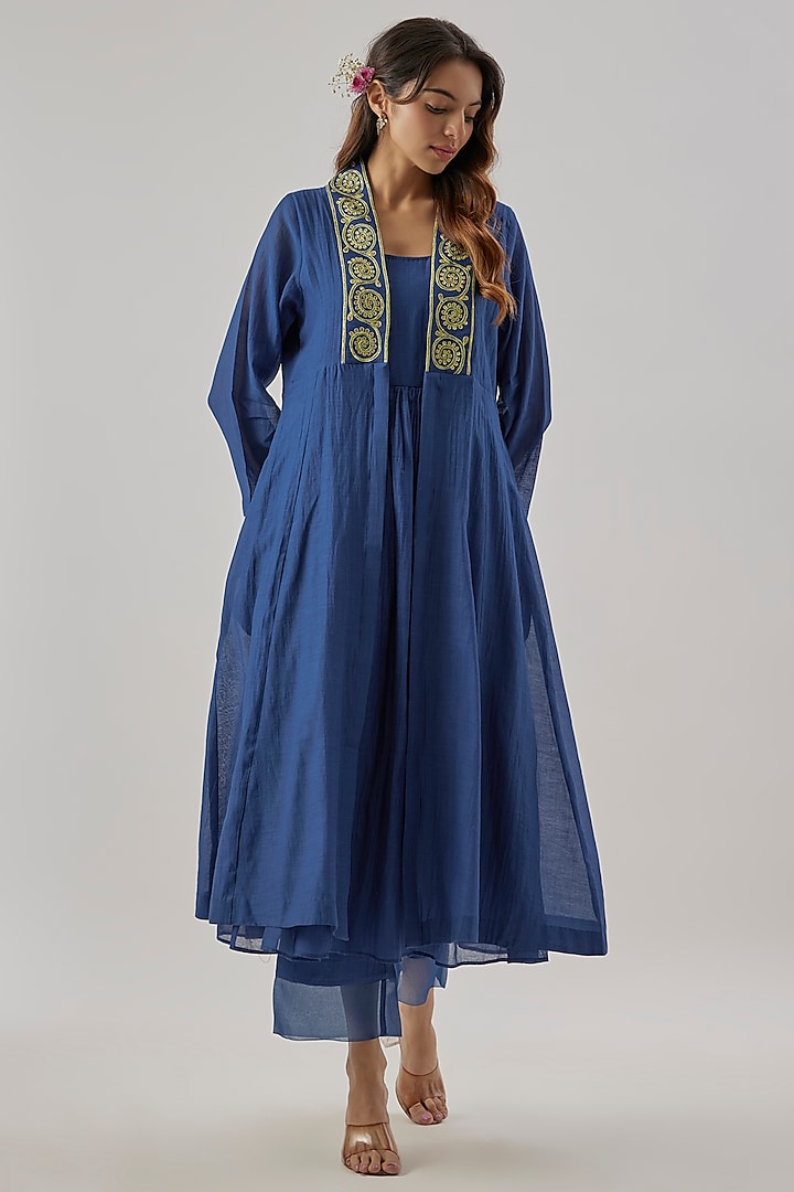 Blue Chanderi Silk Resham Embroidered Jacket Kurta Set by Cupid Cotton at Pernia's Pop Up Shop