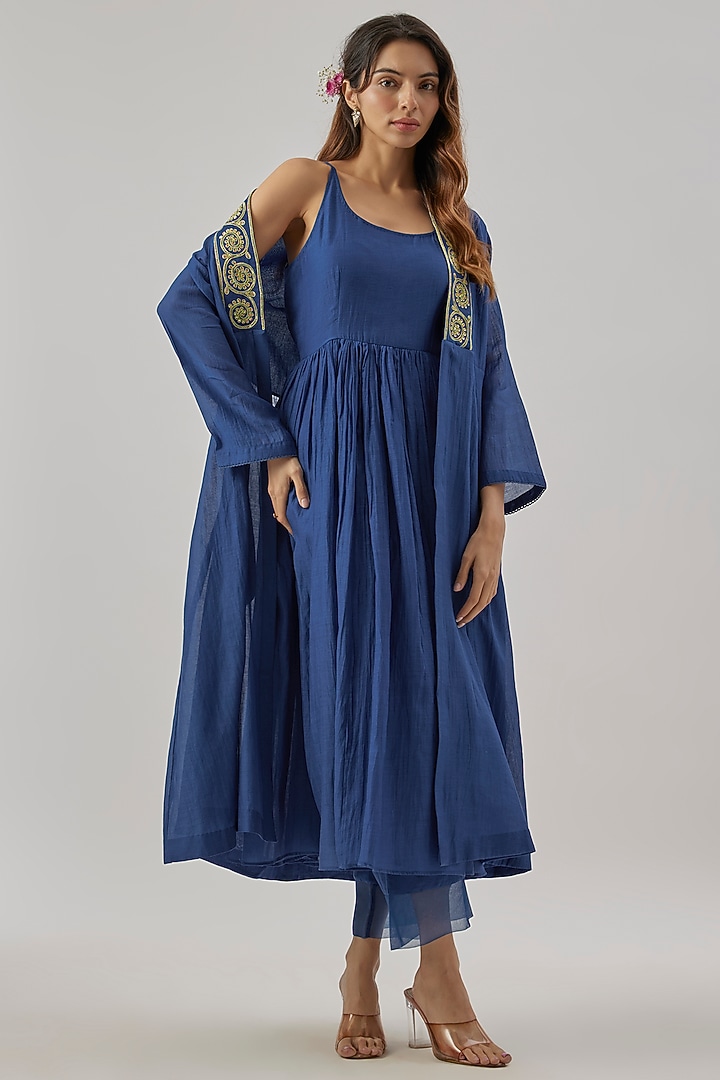 Blue Chanderi Silk Resham Embroidered Jacket Kurta Set by Cupid Cotton at Pernia's Pop Up Shop