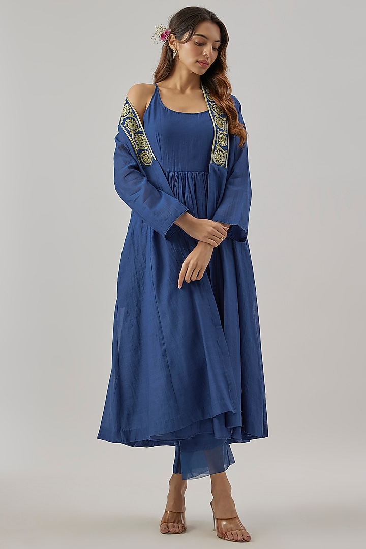 Blue Chanderi Silk Resham Embroidered Jacket Kurta Set by Cupid Cotton at Pernia's Pop Up Shop