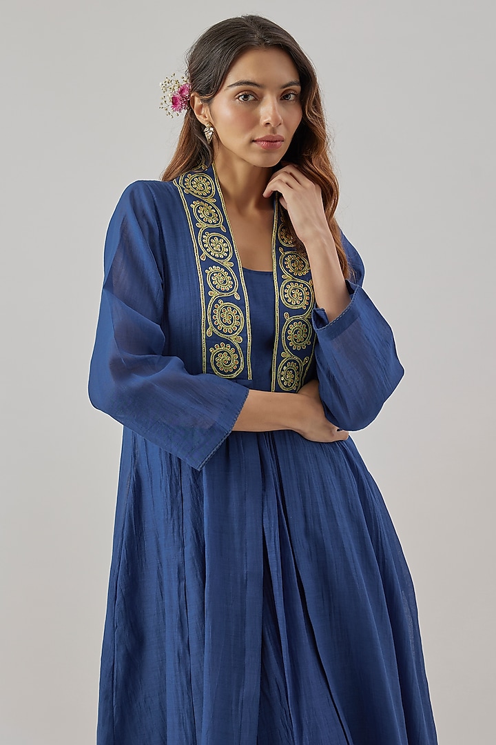 Blue Chanderi Silk Resham Embroidered Jacket Kurta Set by Cupid Cotton at Pernia's Pop Up Shop