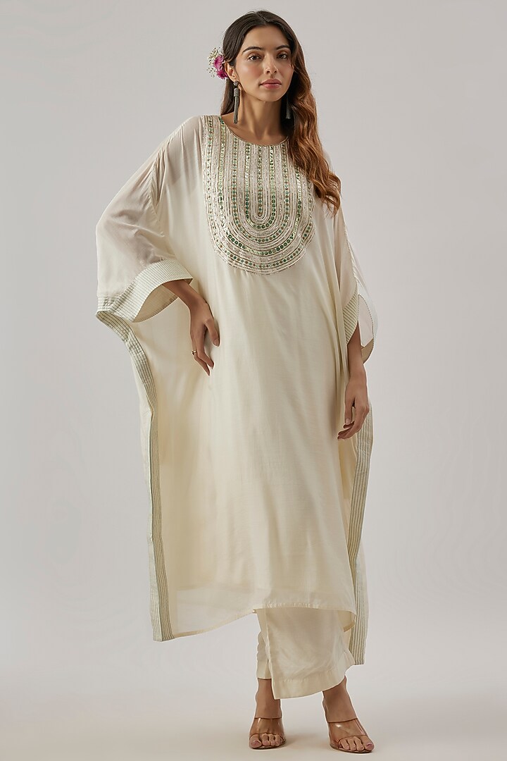 Ivory Silk Sequins Embroidered Kaftan Set by Cupid Cotton at Pernia's Pop Up Shop