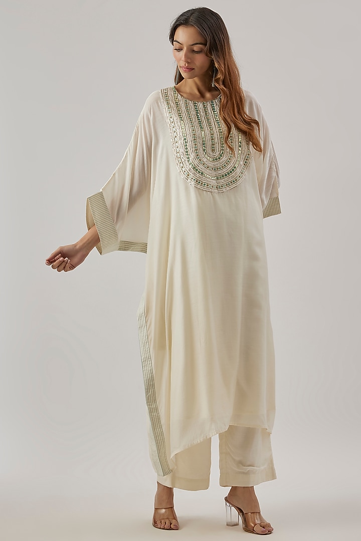 Ivory Silk Sequins Embroidered Kaftan Set by Cupid Cotton at Pernia's Pop Up Shop