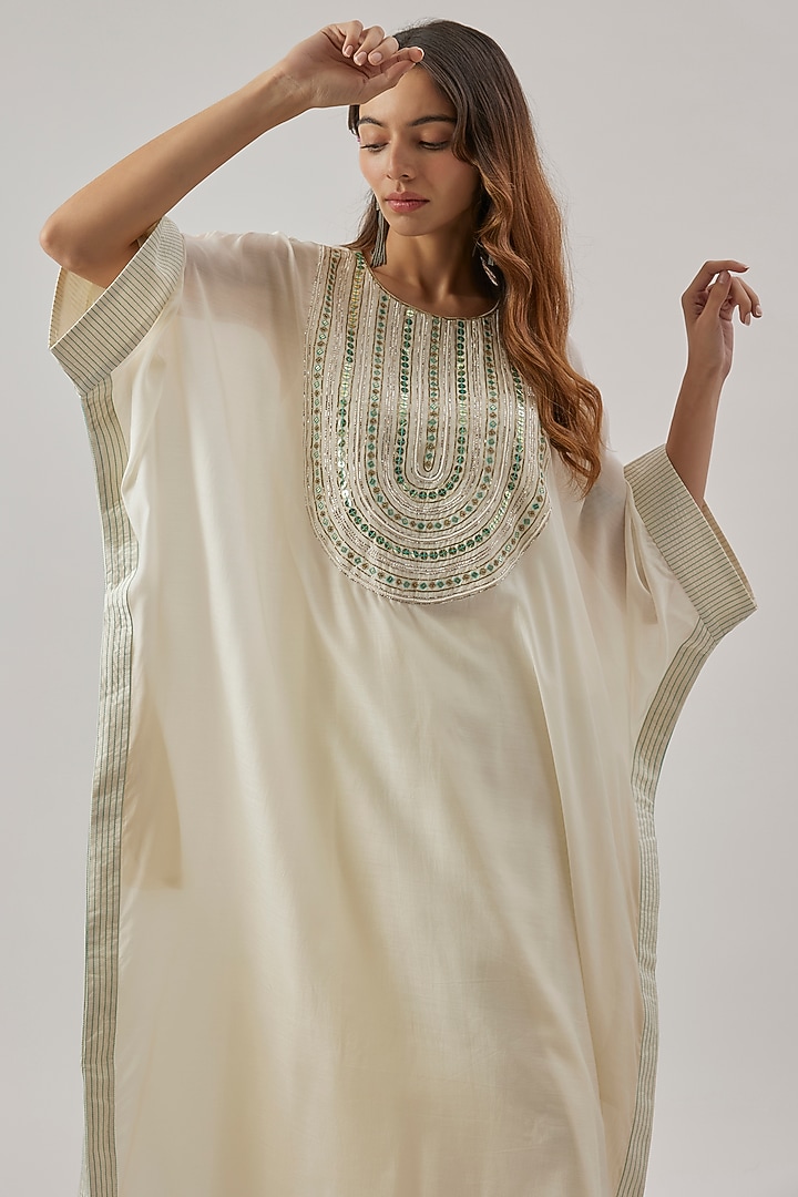 Ivory Silk Sequins Embroidered Kaftan Set by Cupid Cotton at Pernia's Pop Up Shop