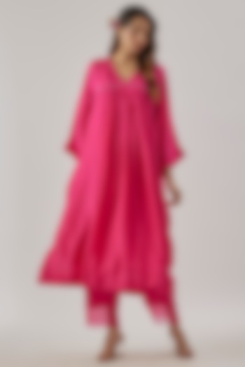 Pink Silk Aari Embroidered Kaftan Set by Cupid Cotton at Pernia's Pop Up Shop