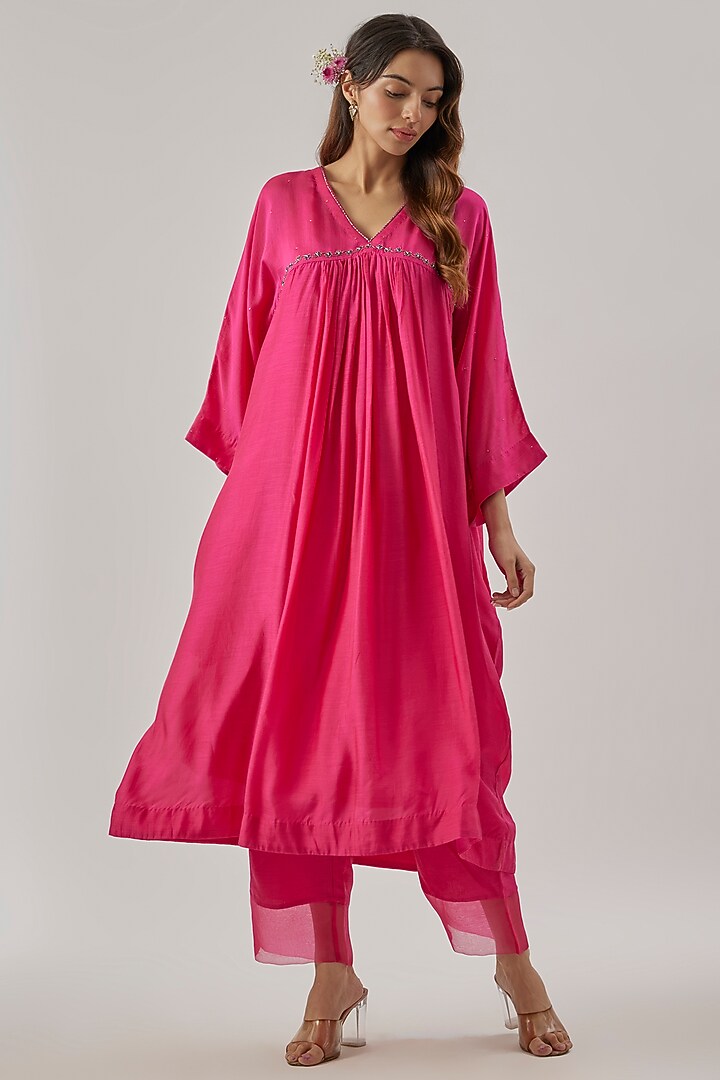 Pink Silk Aari Embroidered Kaftan Set by Cupid Cotton at Pernia's Pop Up Shop