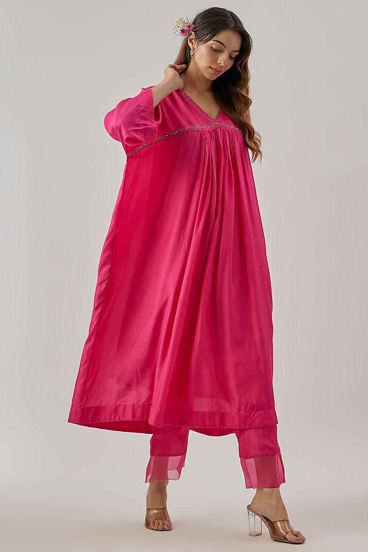 Pink Silk Aari Embroidered Kaftan Set by Cupid Cotton at Pernia's Pop Up Shop