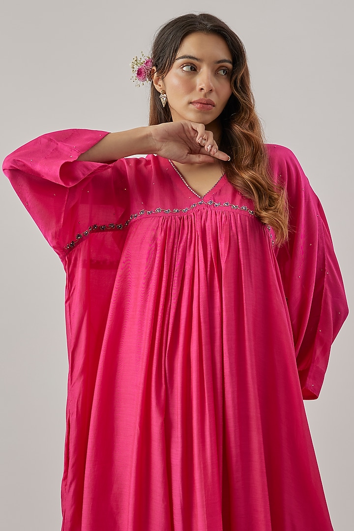 Pink Silk Aari Embroidered Kaftan Set by Cupid Cotton at Pernia's Pop Up Shop