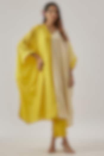 Yellow & Ivory Silk Sequins Embroidered Kaftan Set by Cupid Cotton at Pernia's Pop Up Shop
