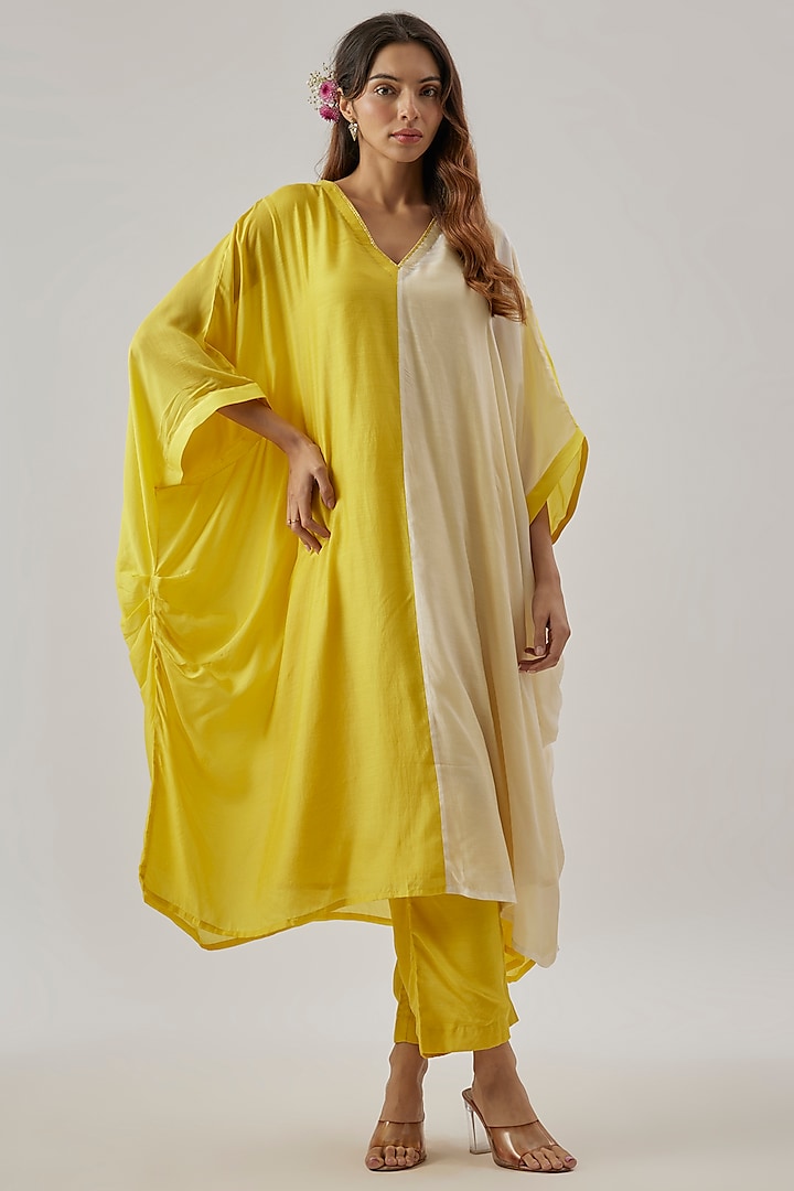 Yellow & Ivory Silk Sequins Embroidered Kaftan Set by Cupid Cotton at Pernia's Pop Up Shop