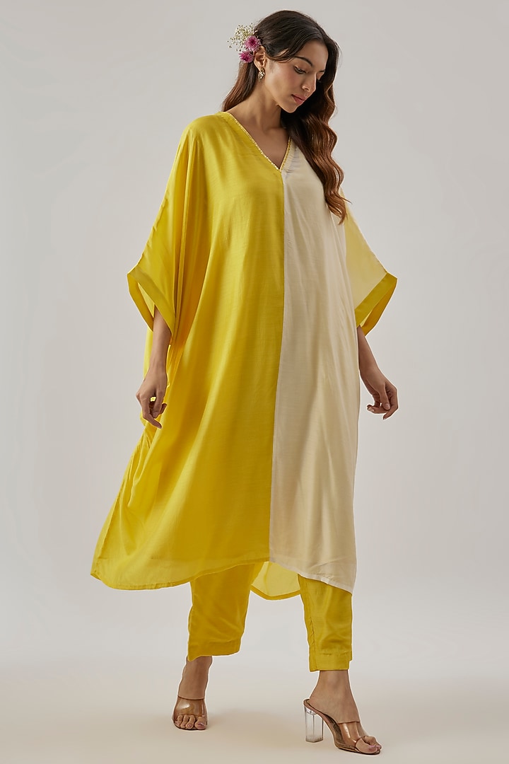Yellow & Ivory Silk Sequins Embroidered Kaftan Set by Cupid Cotton at Pernia's Pop Up Shop