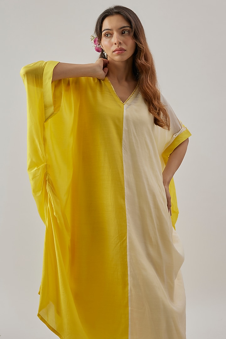 Yellow & Ivory Silk Sequins Embroidered Kaftan Set by Cupid Cotton at Pernia's Pop Up Shop
