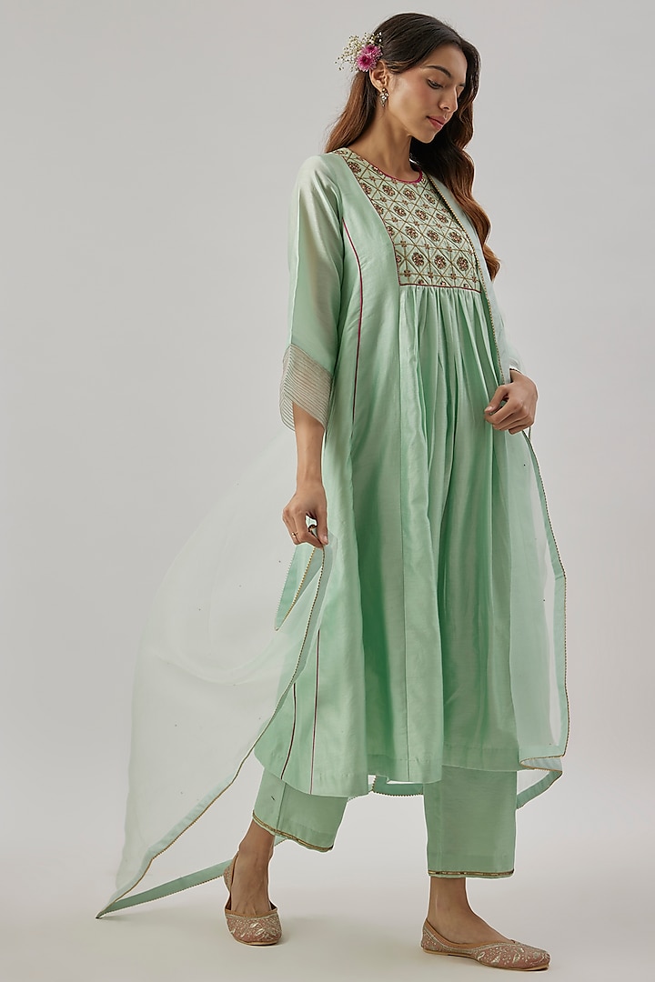 Aqua blue Chanderi Silk Zardosi Embroidered Kurta Set by Cupid Cotton at Pernia's Pop Up Shop