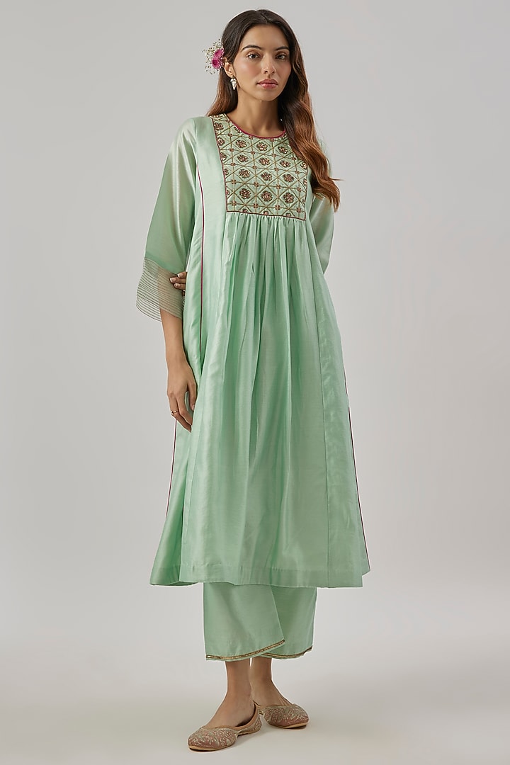 Aqua blue Chanderi Silk Zardosi Embroidered Kurta Set by Cupid Cotton at Pernia's Pop Up Shop