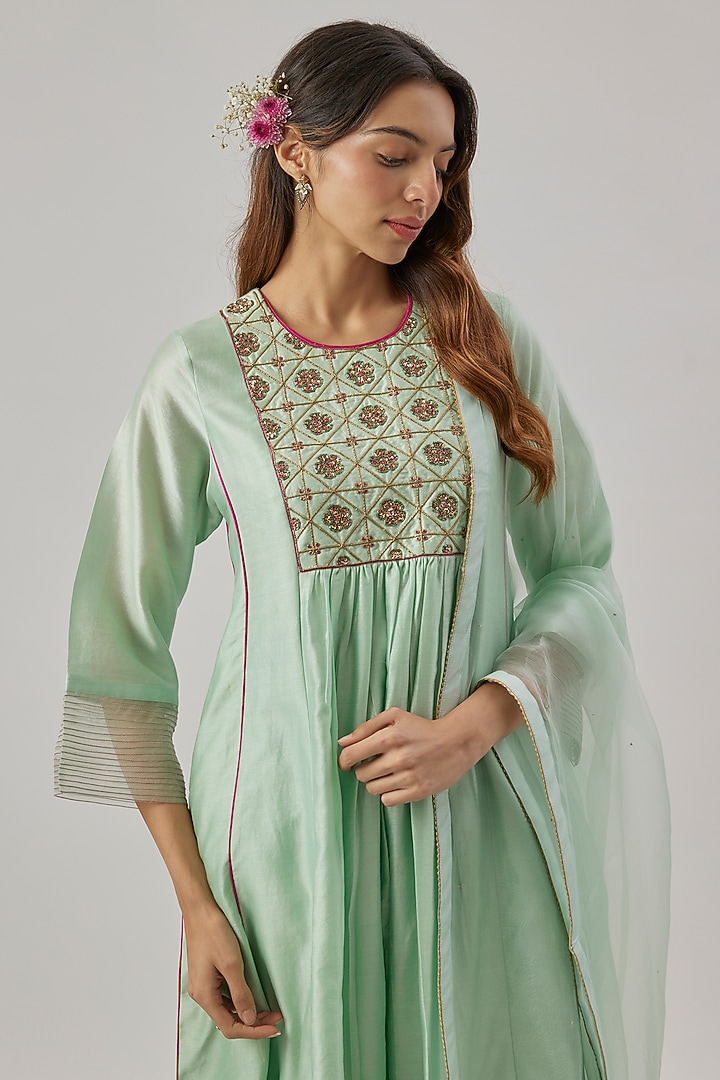 Aqua blue Chanderi Silk Zardosi Embroidered Kurta Set by Cupid Cotton at Pernia's Pop Up Shop