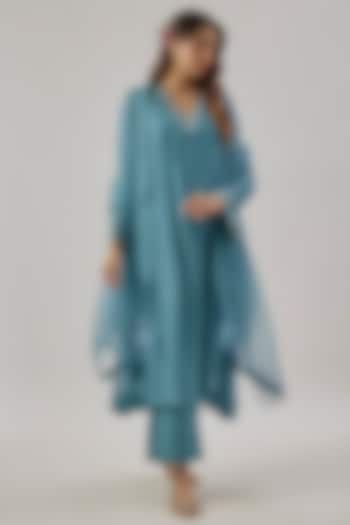 Teal Blue Chanderi Silk Floral Embroidered Kurta Set by Cupid Cotton at Pernia's Pop Up Shop