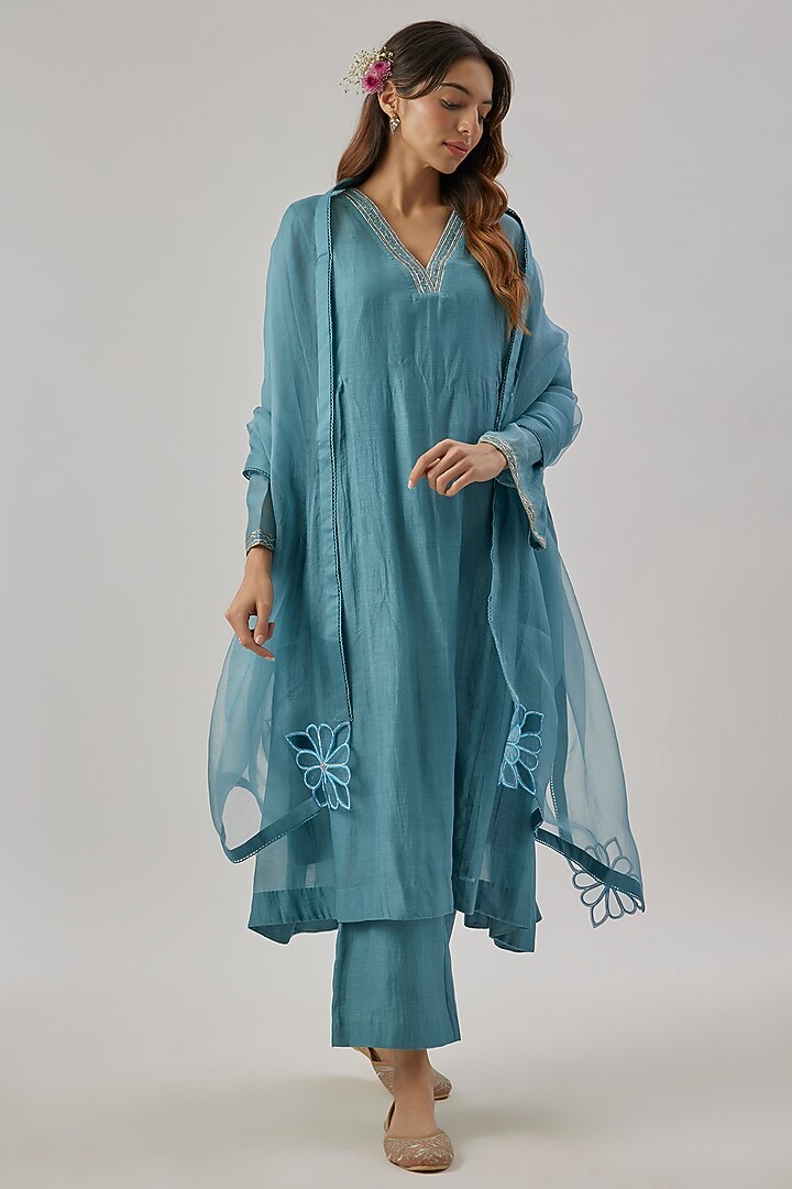 Teal Blue Chanderi Silk Floral Embroidered Kurta Set by Cupid Cotton at Pernia's Pop Up Shop