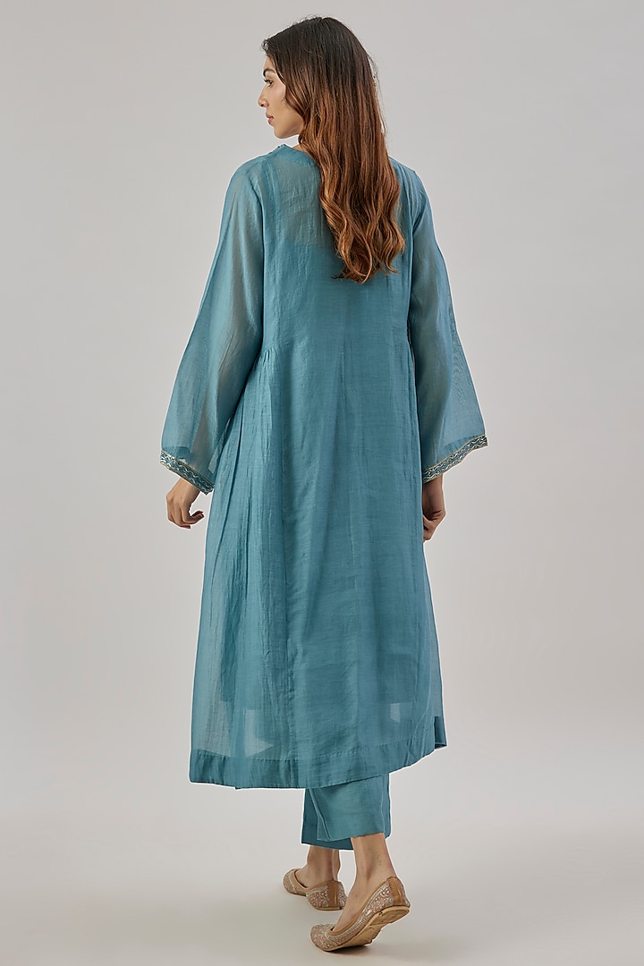 Teal Blue Chanderi Silk Floral Embroidered Kurta Set by Cupid Cotton at Pernia's Pop Up Shop