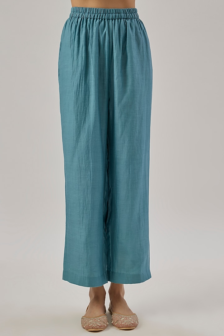 Teal Blue Chanderi Silk Floral Embroidered Kurta Set by Cupid Cotton at Pernia's Pop Up Shop