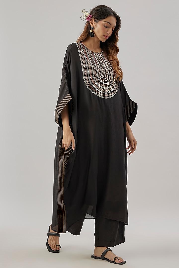 Black Silk Sequins Embroidered Kaftan Set by Cupid Cotton at Pernia's Pop Up Shop