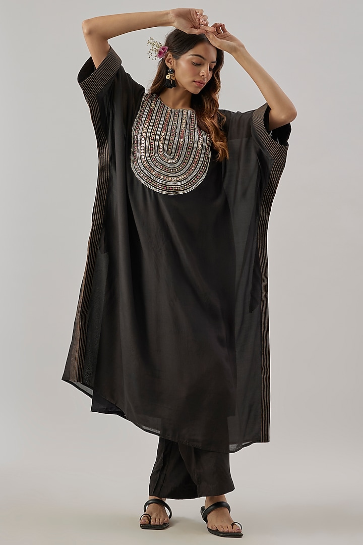 Black Silk Sequins Embroidered Kaftan Set by Cupid Cotton at Pernia's Pop Up Shop